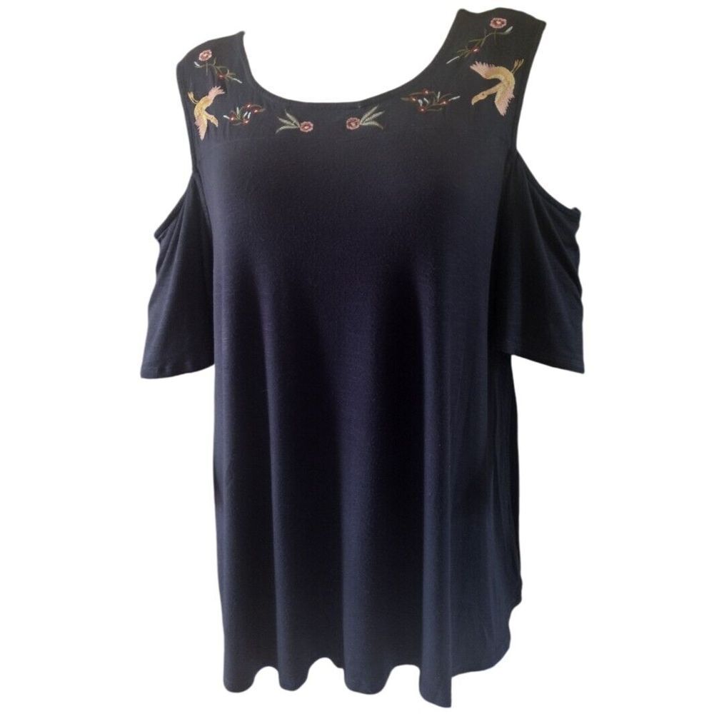 Style & Co Blouse Woman 2X Navy Bohemian Cold Shoulder Embroidered Relaxed Fit